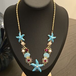 Ocean Theme Charm Statement Necklace With Blue Starfish, Crysyals And Pearls